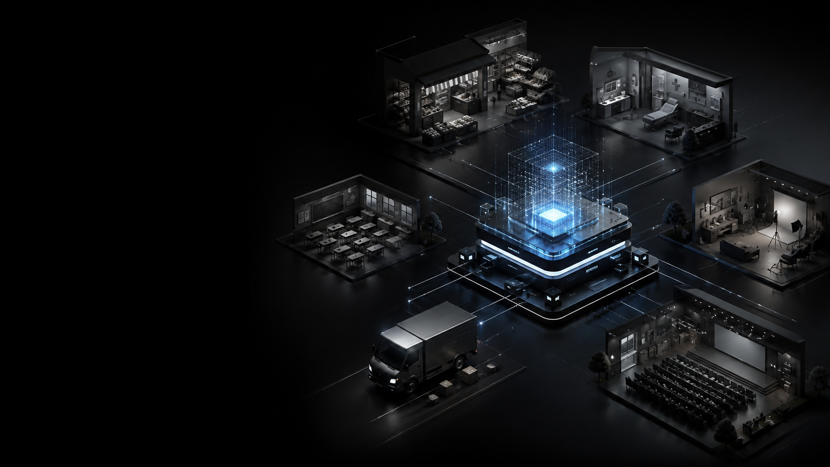 Futuristic hub connecting multiple business sectors